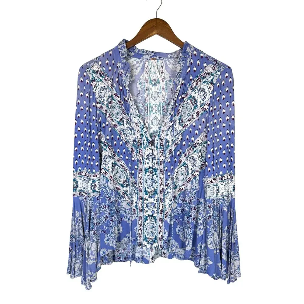 Free People Magic Mystery Sky Blue Print Long Flare Sleeve Boho Top